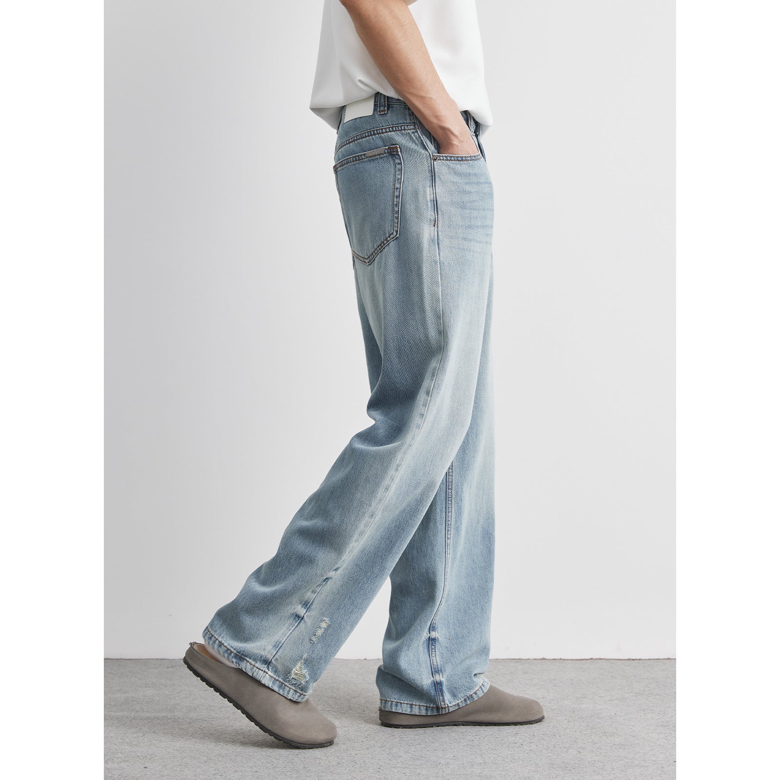 Light-wash Mens Ripped Straight-leg Jeans